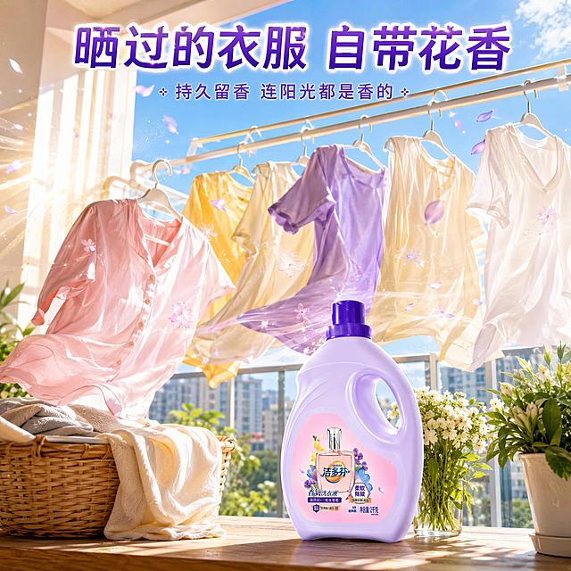 洁多芬香氛洗衣液阳台晾晒场景图，生活氛围感。明亮的阳台场景，白色晾衣架上挂满洗干净的彩色衣物，被风吹得轻轻飘动。洗衣液大瓶放在阳台木质台面上，淡紫色瓶身紫色瓶盖，产品外观与输入图一致无变形色差。旁边有洗衣篮和几盆绿植，窗外是蓝天白云和远处的楼房。阳光从侧面照进来，有明显的光束和灰尘粒子，温暖的午后感觉。衣物上有淡淡的香氛粒子飘散。顶部大标题晒过的衣服 自带花香。底部小字持久留香 连阳光都是香的。商业摄影质感，自然光真实感，生活气息浓厚。1比1比例，文字清晰，超高清。