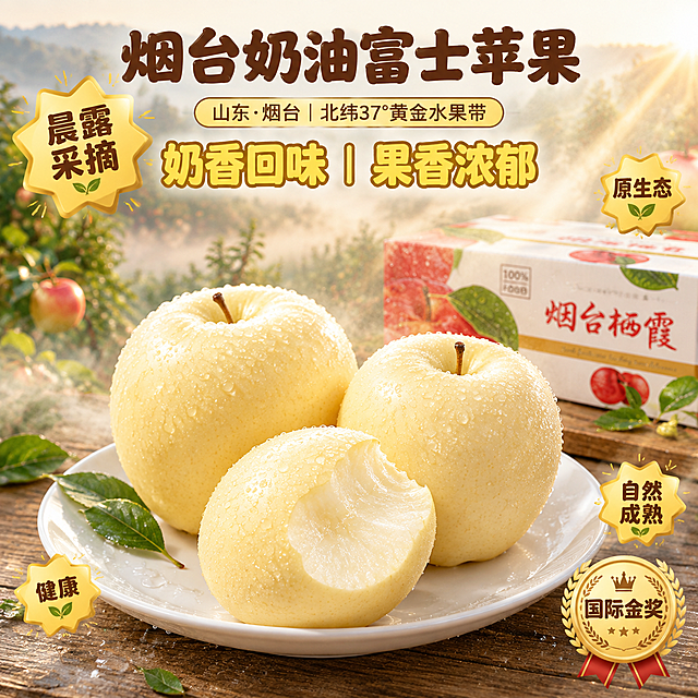 京东电商主图，800×800像素，1:1比例。背景为山东烟台栖霞果园，清晨晨雾弥漫缭绕，奶油富士苹果树在雾中若隐若现，柔和晨光穿透雾气形成金色光束，空气湿润清新，极致虚化浅景深。中央偏下位置是一个白瓷果盘放在木桌上，盘中摆放着3个烟台奶油富士苹果：2个完整（1个83mm大果，1个75mm中果）、1个咬痕苹果（露出牙印和多汁果肉横截面），呈三角形摆放，前低后高，苹果为奶黄色奶油富士，表皮光滑带晨露水珠，果肉乳白细腻，晨雾在苹果周围轻轻萦绕。背景中彩色苹果包装箱自然放置，印"烟台栖霞"品牌图案，标准长方体，浅景深虚化，纸箱样式与参考图一致（红白配色，印有烟台栖霞字样和苹果图案）。文案排版：顶部"烟台奶油富士苹果"粗圆体/大/深棕（#5C3317）；副标题"山东·烟台｜北纬37°黄金水果带"细圆体/中/金色；八个字卖点"奶香回味｜果香浓郁"粗圆体/大/深黄，显示在苹果正上方。4个星形标签大小不一分布在四角：左上"晨露采摘"大号、右上"原生态"中号、左下"健康"小号、右下"自然成熟"小号。荣誉标签"国际金奖"显示在右下角。45度俯拍。8K高清，商业摄影质感，晨雾柔光氛围感，光束穿透效果，食欲感强。文字清晰可读，不遮挡主体。负向：变形、错字、模糊、杂乱、水印、京东Logo、平台标识、绝对化用语