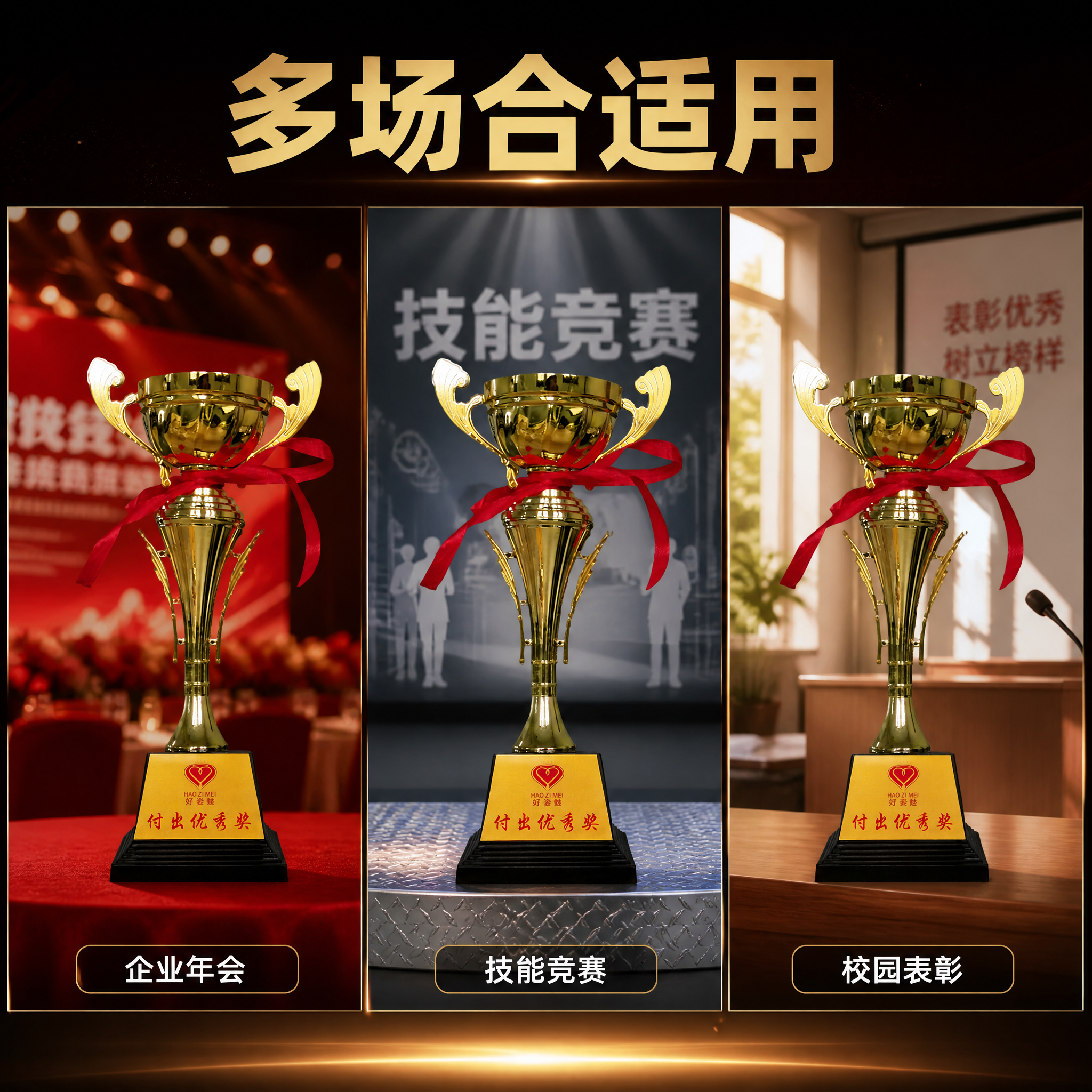 [主图6] 商品名称：金属荣誉奖杯。本张唯一任务是适用场合选购… - 图片创意预览