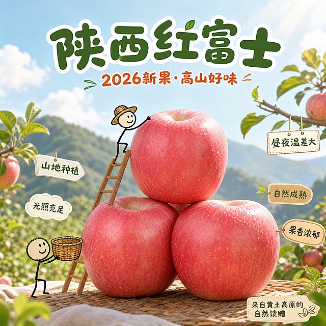 [主图-3] 主打产地——山地种植，陕西红富士苹果创意电商主图。
[统一基调] 实拍红富士苹果+手绘简笔画小人的创意融合风格，山地果园氛围，整体自然清新，京东平台品质感，文字占比小于30%，一图一重点。
[画面] 画面中下部是三个堆叠在一起的红富士苹果，呈金字塔形堆叠，苹果外观与输入图一致：红粉色果皮带白色果点。两个手绘简笔画火柴人小人：一个爬在木梯子上伸手摘苹果，一个在下方举着篮子接苹果。背景是手绘风格的远山轮廓和几枝带绿叶的树枝，营造山地果园的氛围。天空部分为淡蓝色渐变，有少量云朵。画面上方有留白用于主标题排版。
[光影质感] 自然阳光从右上方照射，模拟山地充足光照效果，苹果表面有明亮高光，果皮纹理清晰，背景远山柔和虚化，突出前景苹果主体，商业摄影级清晰度。
[配色] 主色：苹果红粉色；背景：淡蓝天际+远山青绿色；文字：深绿色+暖橙色；点缀：绿叶。整体自然清新，阳光山地感。
[文字版式] 字体使用圆润可爱的卡通粗体字，颜色为深绿色和暖橙色搭配。主标题在正上方居中："陕西红富士"五个字大小不一，像小石头一样不规则排列。主标题下方副标题："2026新果·高山好味"，暖橙色。五个卖点标签做成小旗帜或小云朵形状，错落挂在树枝和梯子上："山地种植"、"光照充足"、"昼夜温差大"、"自然成熟"、"果香浓郁"。右下角点缀文案："来自黄土高原的自然馈赠"，极小字号。所有文字清晰可读。
[输出要求] 1:1正方形比例，2048x2048像素，苹果主体清晰锐利，山地氛围自然，文字清晰无错字，画面干净整洁，无水印无平台Logo。负向：苹果变形、颜色偏差、文字模糊、错字、画面杂乱、水印、小人畸形、山景不自然。