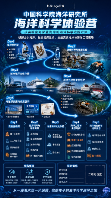 手机竖版长图海报，深海蓝科研感风格，背景采用深海蓝#00375F渐变，整体是中国科学院海洋研究所海洋科学体验营宣传海报。顶部预留机构Logo位置，中心发光主标题"中国科学院海洋研究所 海洋科学体验营"预览效果