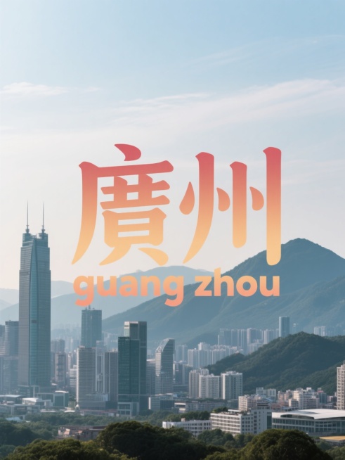 “广州”二字居中，副标题小字“guang zhou”位于主标题之间，文字为暖色调，背景为广州城市照片预览效果