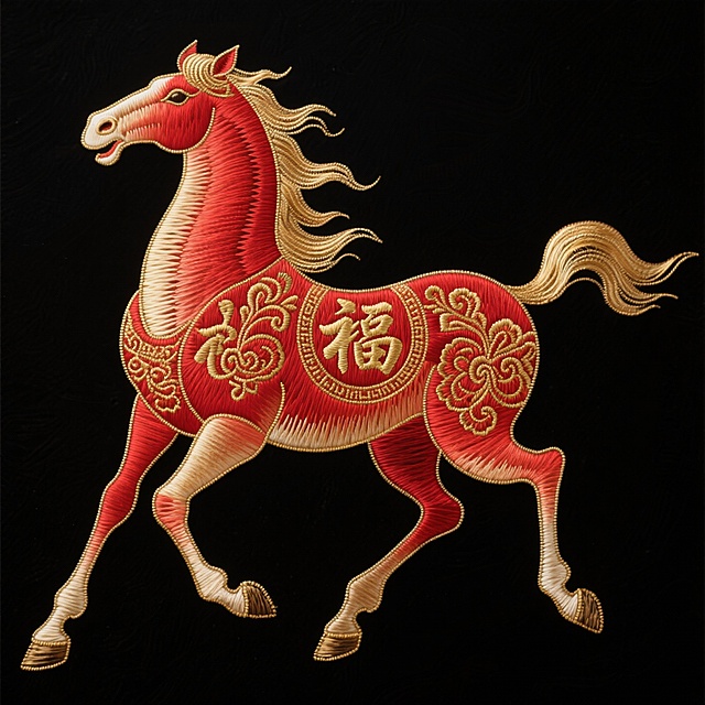中式刺绣风骏马，红金配色尽显喜庆与古典，工笔细节结合重拟物手法，浮雕质感突出，福字纹饰寓意吉祥，节日氛围浓厚。