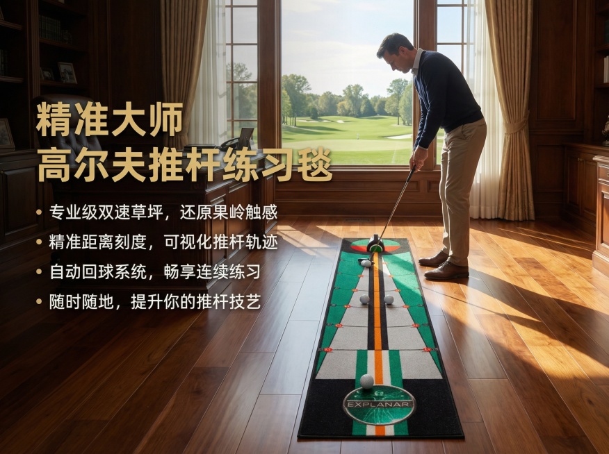 加上场景和文案内容，文案内容要突出产品卖点特点，商品为高尔夫推杆练习毯预览效果