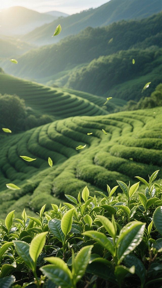 大远景视角下的绿茶茶山，连绵起伏的绿色茶田如波浪般铺展至天际，清晨柔和的阳光洒在层层叠叠的茶树嫩芽上，叶片呈现出从嫩绿到深绿的丰富渐变，部分嫩绿茶叶在微风中轻盈飘落，背景为深邃的墨绿色自然景观，整体画面光影通透，色彩清新自然，充满生机与宁静氛围，突出茶山的广阔与茶叶的鲜嫩质感。