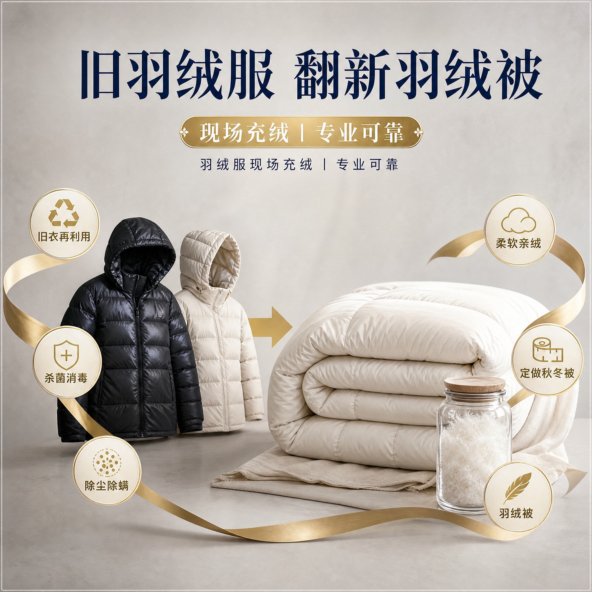 一张旧羽绒服翻新羽绒被的宣传海报，正方形构图，超高清。降低饱和… - 图片创意预览