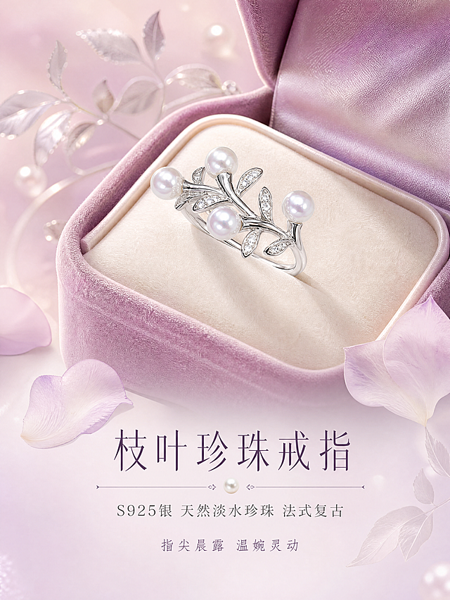 [商品] 使用【图1】S925银天然4-5mm淡水珍珠枝叶微镶戒指；保留分叉枝叶环绕式造型、四颗天然淡水珍珠、叶片锆石微镶、S925纯银材质、银白/珍珠白配色；精修处理：清理灰尘划痕指纹，金属边缘顺滑，珍珠通透干净，不改变真实结构。
[画面] 详情页第1张-氛围头图，目标是营造法式复古清新唯美的第一印象，突出礼赠感与精致调性。构图采用上下分层，上半部分为戒指主体大片，下半部分为文案区。戒指放置在半开的粉紫色丝绒首饰盒中，盒内衬米白绒垫，戒指以45度斜俯角度展示完整枝叶造型，主体占画面约45%。背景为粉紫渐变柔光，点缀银色叶片剪影与漂浮的珍珠光斑，前景散落几片淡紫色花瓣。画面层次丰富：前景花瓣、中景戒指首饰盒、后景粉紫光晕。
[视觉] 套系策略：风格=清新唯美 法式复古 珠宝商业摄影；标题字=纤细优雅衬线体（宋体风格）；正文字=简洁细衬线体；主色=银白+珍珠白；背景延展=基于柔和粉紫做深浅渐变、柔焦光晕与丝绒/丝绸质感层次；强调色=柔粉紫，仅用于小面积图标、引线和标签；标题色=深紫灰；正文色=中灰紫；组件=极细金线分隔、珍珠图标、叶片剪影装饰；光影=3500K-4000K暖白光，柔光漫反射，突出珍珠温润光泽与银饰镜面质感。
[文字] 画面下半部分居中排版，主标题「枝叶珍珠戒指」8字，副标题「S925银 天然淡水珍珠 法式复古」14字，下方一行短句「指尖晨露 温婉灵动」。所有文字横排，纤细衬线体，字号有明显层级，不遮挡戒指主体。
[规格] 图片比例3:4竖版，4K分辨率，避免变形、错字、文字过小、冷蓝/蓝灰背景、戒指结构改变、珍珠失圆、金属发灰、杂乱背景、水印、平台Logo。