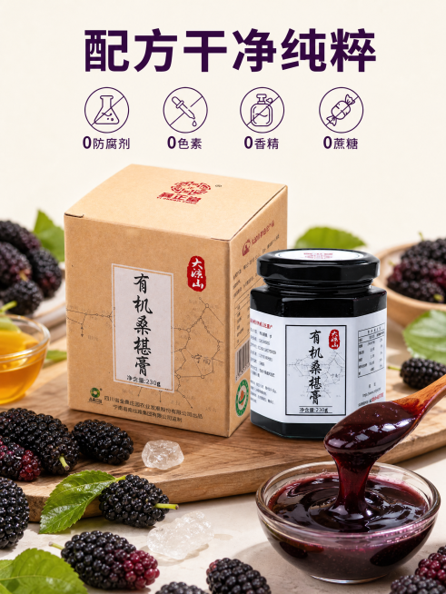 [主图-3] 配方成分展示，突出干净无添加卖点
[氛围风格] 简洁干净自然风，突出安全健康
[画质] 商业摄影质感、光线柔和通透、产品清晰真实、画面干净高级
[元素] 桑葚膏产品居中放置，周围环绕核心预览效果