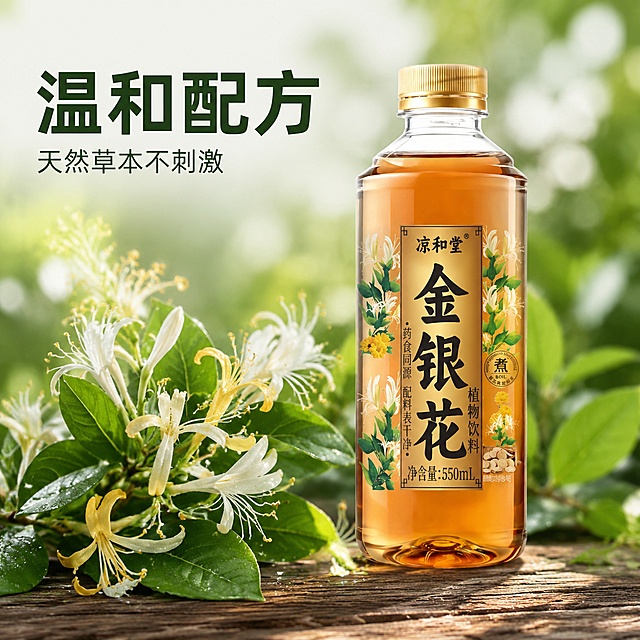 [主图-2] 温和配方卖点展示主图。
[氛围风格] 自然真实草本原料溯源风，干净通透，突出原料新鲜自然；
[画质] 商业摄影质感，光线柔和通透，产品清晰真实，画面干净高级。
[元素] 瓶装金银花饮料放置在画面右侧，左侧摆放真实新鲜采摘带露的金银花植株，花朵洁白明艳，叶片翠绿饱满，将原料直观展示。保持饮料瓶外观（即物理结构、材质质感、颜色）与输入产品图绝对一致，杜绝任何变形和色差，精细化处理。商品主体占比严格控制在 60%-70%，画面满屏无边框。
[光影] 自然散射自然光，整体明亮均匀，突出金银花新鲜质感和饮料瓶通透感，高光柔和，阴影清淡。
[配色] 主色调为自然草木绿，搭配花朵白色、饮料琥珀色，清新干净，契合草本配方的温和感。
[视角构图] 平视拍摄，产品和原料共同作为视觉中心，景深中等，层次清晰。
[文字版式] 画面左上负空间，大字文案“温和配方”，深绿色粗体，下方小字“天然草本不刺激”，字号缩小一半，左对齐排版，不遮挡产品主体和原料。
[输出要求] 1:1 比例，文字清晰锐利，超高清商业摄影质感。
[负向提示词] 变形，文字错乱，产品图模糊，背景杂乱，水印，电商平台Logo，绝对化违禁用词。