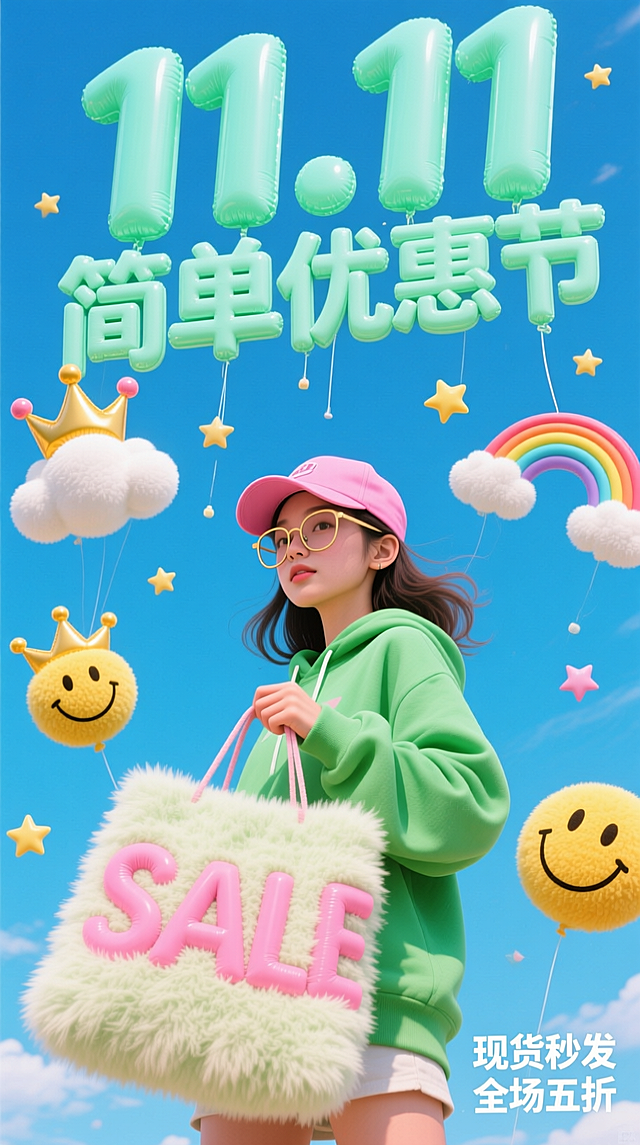 低角度仰拍视角的超现实潮流拼贴海报，以澄澈亮蓝天空为背景，薄荷绿3D充气字体“11.11 简单优惠节”从画面上方垂落，主视觉是一位戴着眼镜提着购物袋的潮流女生（绿卫衣、粉色棒球帽），放大人物，让天空背景更显开阔，“SALE”大字购物袋融合毛绒材质，背景4个毛绒元素（皇冠、云朵、彩虹、笑脸）装饰，营造充满想象力的潮流氛围。少量充气星星点缀，右下角小字“现货秒发 全场五折”。