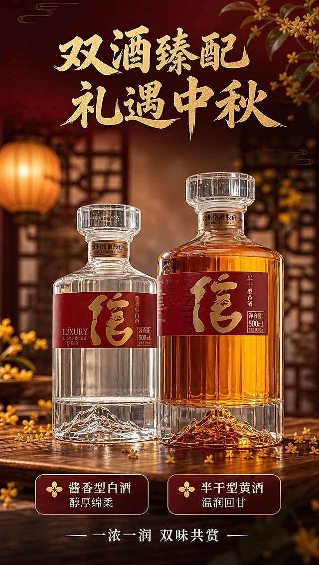 [商品] 使用【图2】【图6】中的两瓶酒（酱香型白酒透明瓶+半干型黄酒琥珀色瓶）；保留瓶身造型、水晶瓶盖、红色酒标、金色"信"字书法、标签文字内容、瓶底山形浮雕、酒体颜色（白酒清澈透明、黄酒琥珀金黄）；瓶身结构、标签、颜色完全保真。
[画面] 目标：双酒品质特写，突出酒体质感与瓶身工艺。构图：左右双瓶并置，左为白酒、右为黄酒，瓶身正面朝向观众，略微错开形成层次。主体占画面60%，前景木质桌面+散落桂花，背景虚化的中式窗格与暖光灯笼，前中后景三层纵深。
[视觉] 套系策略：风格=新中式高级商业摄影，中秋氛围感；标题字=书法宋体粗体，带笔锋韵味；正文字=简洁宋体；主色=酒红+鎏金；背景延展=基于酒红做深浅渐变、暗纹肌理、暖光层次；强调色=暖金，仅用于小面积图标、引线、标签和光点；标题色=鎏金色；正文色=米白色；组件=圆角金边信息卡、细线金引线、桂花装饰元素；光影=侧逆光勾勒瓶身轮廓，正面柔光突出酒标细节，瓶身有精致高光反射。
[文字] 上方主标题「双酒臻配 礼遇中秋」，左侧白酒下方标注「酱香型白酒 醇厚绵柔」，右侧黄酒下方标注「半干型黄酒 温润回甘」。底部一行小字说明「一浓一润 双味共赏」。文字全部横排，不遮挡瓶身主体标签。
[规格] 图片比例9:16竖版，4K分辨率，负向提示：避免变形、错字、文字过小、酒体颜色失真、标签文字模糊、瓶身变形、竖排文字。