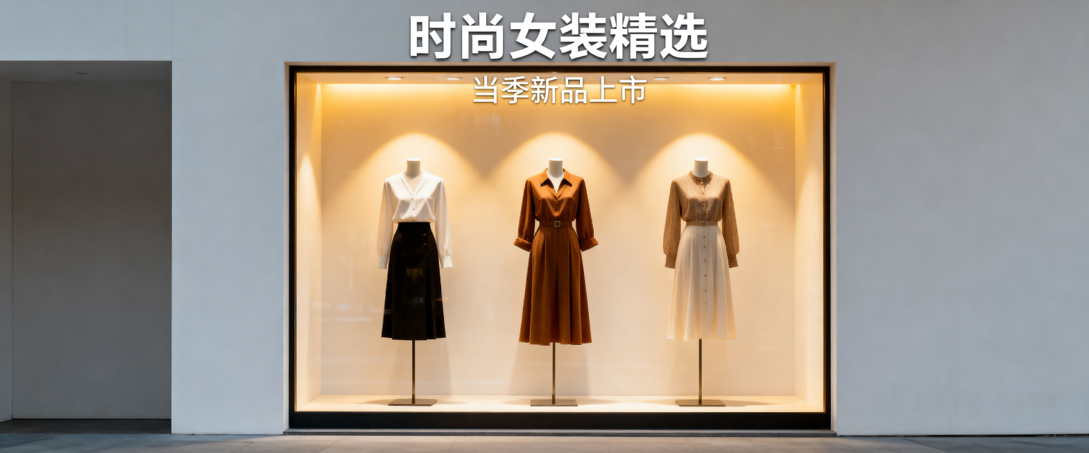 服装店首页banner设计，现代简约风格，展示时尚女装成衣，简洁干净的橱窗背景，温馨舒适的灯光效果，高端大气的视觉设计，适合电商网站首页使用预览效果