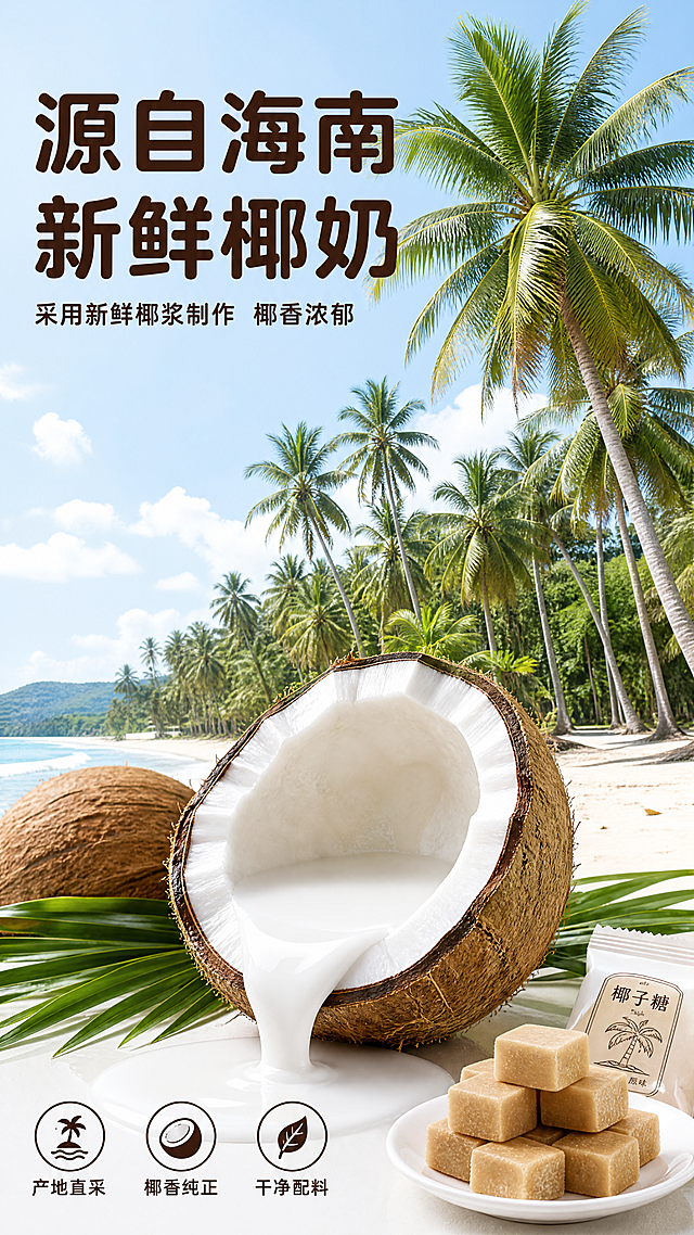 [第2屏] 新鲜椰奶原料产地展示。
[氛围/风格] 自然清新风，原生态质感，明亮通透，真实自然。
[元素布局] 画面上半部分展示海南椰林产地实景，大片翠绿椰子树生长在沙滩上，蓝天白云映衬；下半部分展示切开的新鲜椰子，流出浓郁椰奶，将原图中的椰子糖块放在右下角作为产品呼应。整体画面信息饱满，产地场景占60%，椰奶原料占30%，产品占10%。
[光影质感] 自然日光，整体明亮，椰林层次感清晰，椰奶光泽突出，光影柔和自然。
[配色色系] 全局底色：#F0F8FF（浅天蓝色）；主体配色：#228B22（椰叶绿）+ #D2B48C（椰棕）+ #FFFFFF（椰奶白）；辅助色：#1E1E1E（文字黑）。全局沿用首屏配色方案。
[视角构图] 竖向构图，上远景椰林，下近景椰奶，自然分层，阅读动线从上到下。
[文字版式] 左上角大标题「源自海南 新鲜椰奶」，圆角加粗黑体，纯色深棕色填充，字号为画面宽度7%。标题下方副标题「采用新鲜椰浆制作 椰香浓郁」，字号约主标题30%，深棕色圆角黑体。左下角三个卖点图标配文字：「产地直采」「椰香纯正」「干净配料」，每个卖点搭配圆形小图标，文字深棕色清晰排列。整体字形为圆角黑体路线，字色仅深棕色一种，字效纯色填充。
[比例分辨率] 9:16竖版比例，4K分辨率，文字清晰可辨，超高清。
[负向提示词] 椰子变形，椰奶浑浊，文字错乱，颜色偏差，水印，背景杂乱