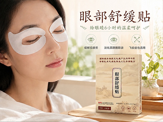1. 去除画面左下角的绿色二维码占位方块，用周围的白色衣物和皮肤区域自然填充修复；2. 去除画面中人物前方的透明玻璃杯水杯，用周围的木质台面自然填充修复；保持人物脸部、眼贴、产品包装盒、背景绿植、所有文字标题和图标等其余元素完全不变