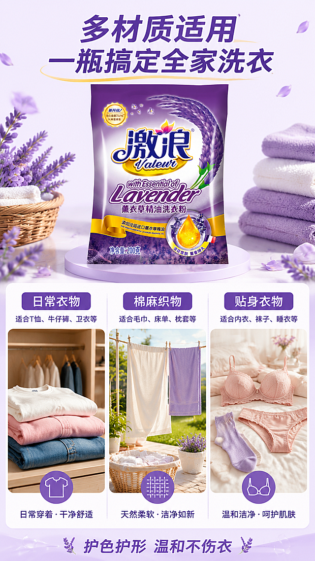 [第7屏] 多场景多材质适用-激浪薰衣草精油洗衣粉场景拼图。本屏使用【图1】正面包装作为商品主体。
[氛围/风格] 多场景拼贴风，展示不同衣物材质适用，生活气息浓厚，信息丰富直观。
[元素布局] 画面采用三格横向拼贴+顶部产品的布局；顶部中央放洗衣粉包装袋，占比约20%；下方三格场景：左格「日常衣物」：T恤、牛仔裤、卫衣叠放，居家衣柜场景；中格「棉麻织物」：毛巾、床单、枕套等棉麻材质，阳台晾晒场景；右格「贴身衣物」：内衣、袜子等轻柔衣物，柔和卧室场景；每格底部有对应材质标签。
[光影质感] 每格独立柔和光照，整体明亮干净，衣物有柔软质感，颜色鲜艳不褪色。
[配色色系] 全局底色 #F8F2FC 极浅紫底；每格背景略有不同但统一紫调；主色紫色 #8B5FBF；辅助色白色、米色、淡粉。
[视角构图] 上一下三构图，顶部产品+标题，下方三格场景横向排列，阅读动线上到下、左到右。
[文字版式] 顶部主标题「多材质适用 一瓶搞定全家洗衣」；每格内上方大标签：「日常衣物」「棉麻织物」「贴身衣物」，下方一行小字说明适用范围；底部小字「护色护形 温和不伤衣」；文字清晰，层级分明。
[比例分辨率] 9:16 竖版比例，4K 分辨率，文字清晰可辨，高清画质。
[负向提示词] 包装袋变形，文字错乱，颜色偏差，水印，场景重复，产品模糊。