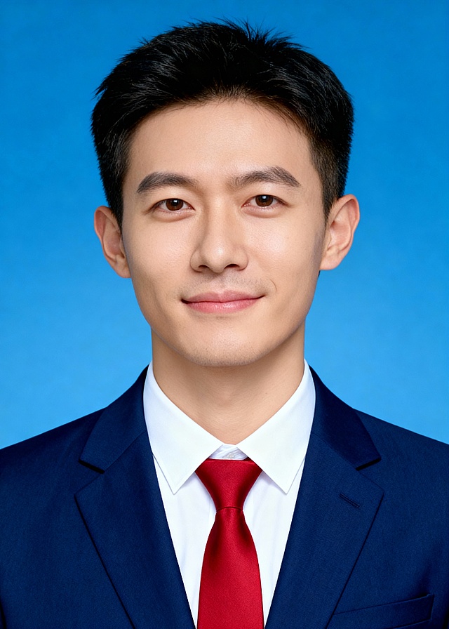 正式西装红色领带求职男生蓝底证件照