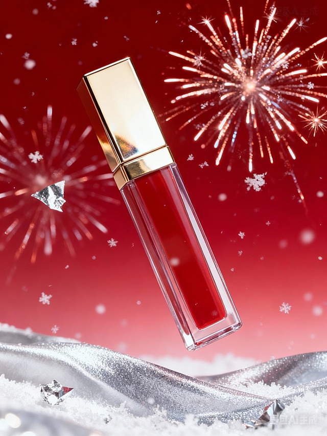 镜面唇釉悬浮，绯红渐变背景衬银箔烟花、冰丝纹理，红银配色，唇釉镜面折射元旦跨年夜烟火，背景飘着细碎雪花，清冷又喜庆