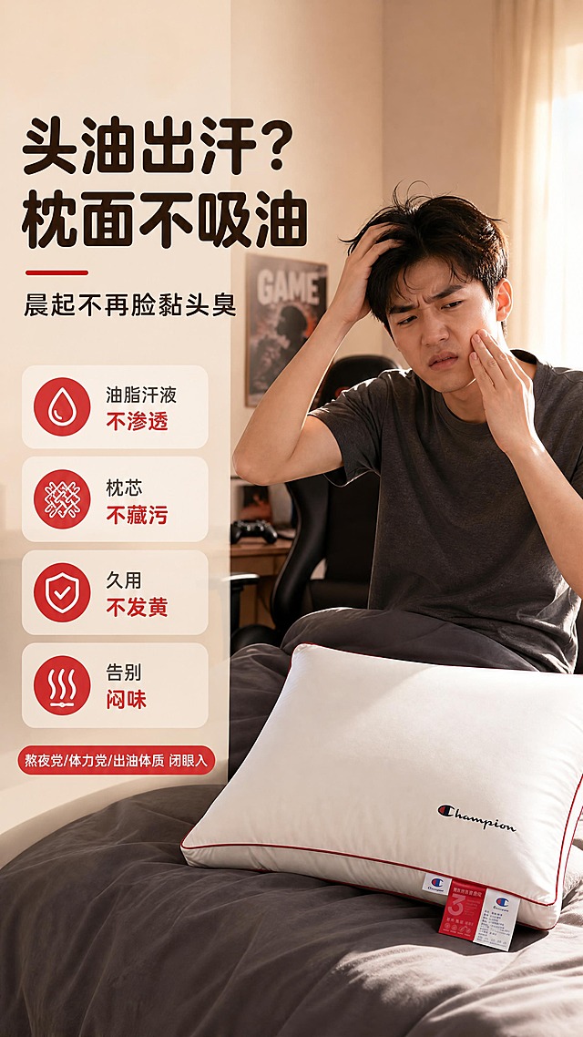 [商品] 使用【图1】Champion全棉三防枕头；保留白色枕身、红色滚边、Champion Logo、3防标签；放在男性卧室床头场景中，自然理顺褶皱。
[画面] 目标：人群1-1痛点——头油出汗男性群体场景代入。构图：竖版9:16，左文右图；右侧是年轻男性上班族晨起摸头发和脸，表情嫌弃油腻的真实瞬间，他刚从枕头上起来；枕头摆在画面右下角床铺上，占比30%，枕面干净洁白无黄渍；左侧是痛点文案区；背景是男生卧室，有电竞椅/游戏手柄暗示熬夜打游戏场景，晨光从窗帘透入。
[视觉] 套系策略：风格=温馨治愈家居商业摄影风；标题字=现代圆润粗黑体；正文字=简洁无衬线体；主色=奶白+暖杏粉；背景延展=暖调男生卧室场景+柔和晨光；强调色=正红色，用于痛点关键词高亮和标签；标题色=深暖棕；正文色=中暖灰；组件=圆角痛点卡片、对比小图标；光影=晨光侧入，暖调自然。
[文字] 左上主标题：头油出汗？枕面不吸油；副标题：晨起不再脸黏头臭；痛点列表：油脂汗液不渗透·枕芯不藏污·久用不发黄·告别闷味；底部小字：熬夜党/体力党/出油体质 闭眼入；文字全部横向排版，大字醒目，不遮挡人物和枕头主体。
[规格] 图片比例9:16竖版，4K分辨率；避免人物失真、产品变形、冷色调、文字竖排、文字过小。