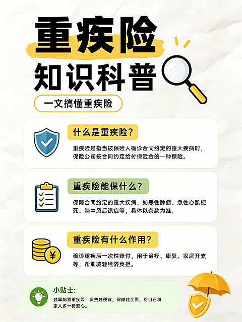 金融保险行业的知识科普宣传。解释重疾险定义保障范围及作用，采用卡通插画风格。
