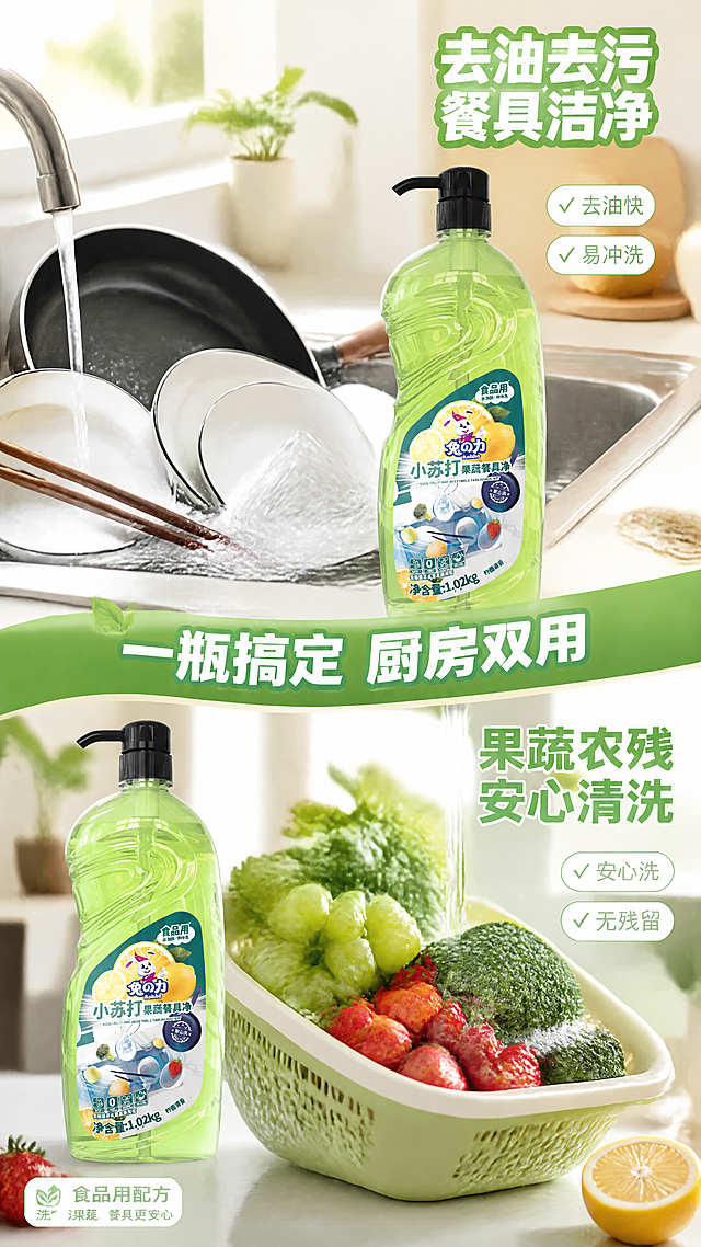 [第3张] 详情页使用场景页-兔之力小苏打果蔬餐具净厨房洗碗+洗果蔬双场景展示。本张使用【图1】作为商品主体。
[氛围/风格] 真实厨房生活场景风，温馨明亮，商业摄影质感，突出一瓶多用的便捷性，抖音快手场景化种草风格。
[元素布局] 画面上下分两区：上半区为洗碗场景，厨房水槽中有干净的碗盘、筷子、平底锅，旁边放着产品瓶（占比约25%），有泡沫和水流元素，体现去油效果；下半区为洗果蔬场景，洗菜篮里有草莓、葡萄、西兰花、柠檬，旁边有产品瓶小图，体现果蔬安心洗；中间用绿色分隔条过渡；产品瓶身外观与输入图一致。
[光影质感] 自然光从窗户照入，温暖明亮，场景真实有生活气息，物体有自然投影，水和泡沫有通透感。
[配色色系] 全局底色 上半区暖白厨房色 #FFF9F0，下半区清新绿 #E8F8E8；主色绿色 #52C41A；辅助色白色、木色、柠檬黄。
[视角构图] 上下分栏双场景构图，上半区洗碗场景+下半区果蔬场景，阅读动线从上到下。
[文字版式] 版式为上下双场景 + 各区标题 + 中间分隔条。上半区右上角标题「去油去污 餐具洁净」，白色粗体字带绿色底衬；下半区右上角标题「果蔬农残 安心清洗」，绿色粗体字；中间分隔条写「一瓶搞定 厨房双用」；每个场景角落有1-2个短卖点标签；文字不遮挡产品和主要场景元素。
[比例分辨率] 9:16 竖版比例，4K 分辨率，文字清晰可辨，高清画质。
[负向提示词] 产品变形，颜色偏差，文字错乱，场景不真实，水印，文字过小，油污恶心。