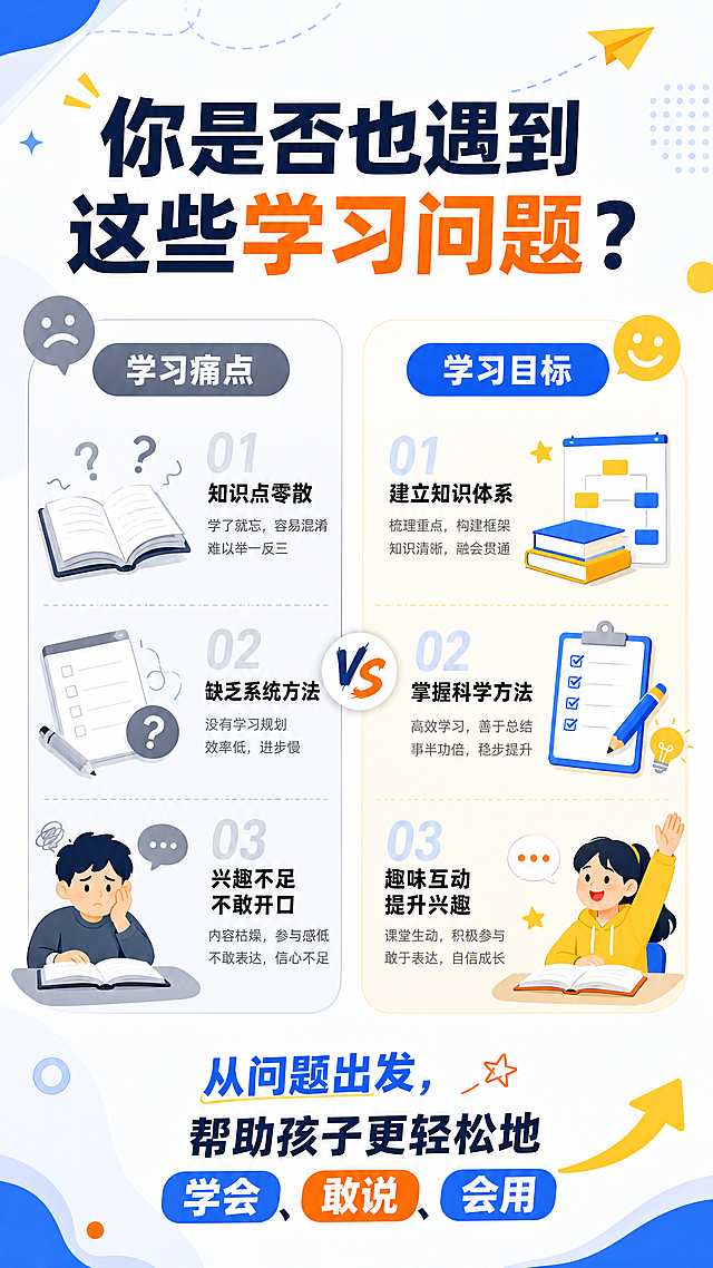 [第2屏] 课程需求痛点与目标场景页，针对幼小衔接到考级阶段学生学习问题。
[氛围/风格] 延续第1屏清新活力教育培训风格，明亮干净蓝白搭配，轻松不压抑。
[元素布局] 顶部大标题区域，中部左右分栏做痛点对比，底部行动引导句。左侧展示孩子学习遇到的常见问题，右侧展示学习本课后能达到的效果，保持左右分栏结构清晰，图标搭配文字说明。保持整体配色和字体风格和第1屏一致，可编辑文字结构完整。
[光影质感] 整体均匀明亮，分区清晰，文字和图标对比清晰，阅读舒适。
[配色色系] 全局底色：#f8fafc（浅灰白）；主体配色：#165DFF（深蓝色）+#fecd2f（黄色）+#ff7a45（橙色）；和首屏保持统一风格。
[视角构图] 9:16竖向满版构图，标题在上，对比分区在中，引导在下，符合移动端从上到下阅读习惯。
[文字版式] 顶部主标题「你是否也遇到这些学习问题？」，左侧小标题「学习痛点」列出：知识点零散、缺乏系统方法、兴趣不足不敢开口；右侧小标题「学习目标」列出：建立知识体系、掌握科学方法、趣味互动提升兴趣。文字大小区分层级，移动端清晰可读。
[比例分辨率] 9:16竖版比例，4K分辨率，文字清晰可辨，超高清。
[负向提示词] 文字错乱，排版混乱，颜色偏差，水印，违规极限词，背景杂乱。