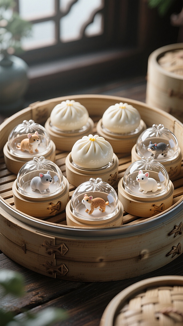 包子形状的玻璃工艺品，透明的，里面有不同的小动物。一共有7个这样的工艺品，放在蒸笼里面。