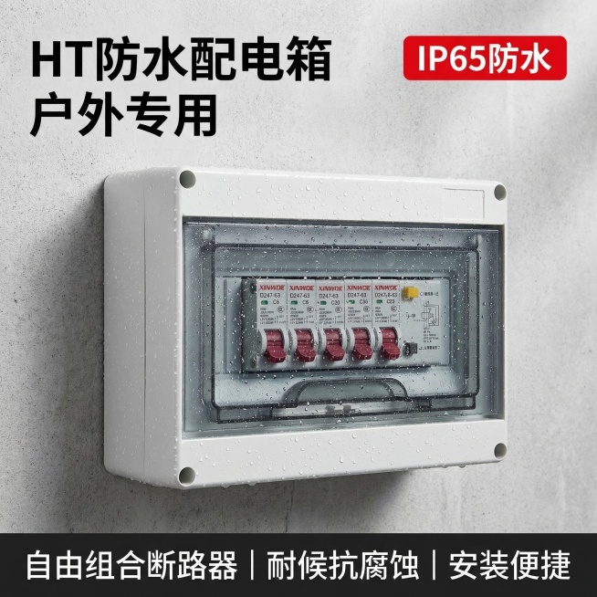 以HT防水配电箱为主体，简约大气严谨工业风格，背景为浅灰色户外水泥墙面，配电箱居中完整展示，表面带有细密水珠凸显防水属性，画面左上角文字“HT防水配电箱 户外专用”，右上角红色标签“IP65防水”，底预览效果