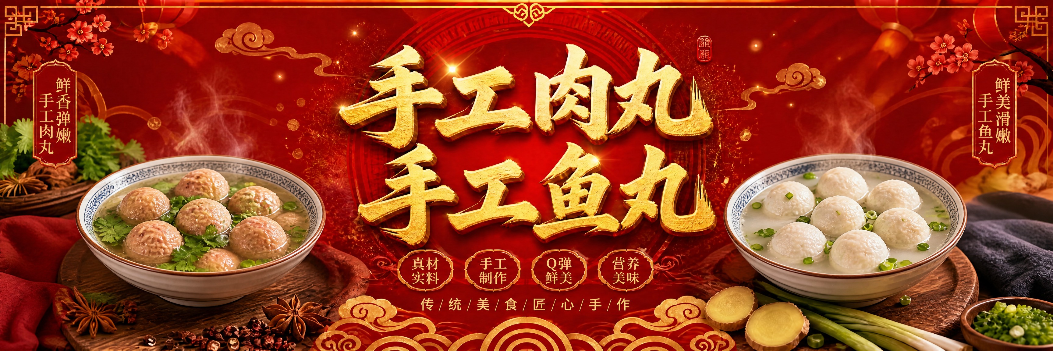 在保持红色喜庆国潮背景和居中金色大字"手工肉丸 手工鱼丸"不变… - 图片创意预览