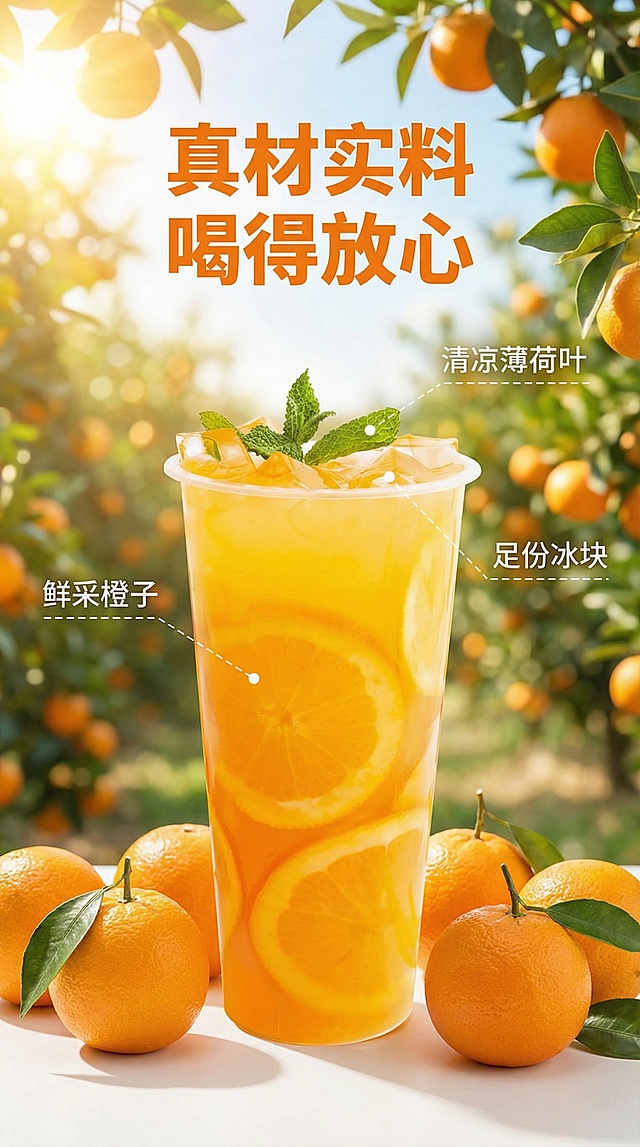[垫图]https://gdesign-dam-hz.dancf.com/35962248688423959/030a47c43cde40859625fa4e6d17f4f9.jfif
[主图主题]鲜橙水果茶核心卖点溯源图
[氛围/风格]清新明亮夏日风，自然暖阳逆光，和首图风格统一，参考给出的奶茶图简约高级光影氛围，相似度70%
[画面元素]鲜橙水果茶居中放置，杯中的橙子片纹理清晰可见，背景是阳光充足的鲜橙果园远景，周围摆放新鲜采摘的橙子，用纤细的虚线分别连接杯中的橙片、上方的薄荷叶、杯口的冰块，分别标注“鲜采橙子”、“清凉薄荷叶”、“足份冰块”，背景铺满全屏无边框
[配色色系]主色调：鲜橙色、暖黄色；辅助色：绿色、浅蓝、白色
[视角构图]平视视角，景深适中，主体占比55%
[文字版式]顶部主标题“真材实料 喝得放心”，无衬线粗体，橙色；各引线末端的标注文字为白色细体字，无多余底框，均不遮挡产品主体
[比例分辨率]9:16比例，2K分辨率