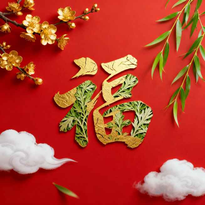 春节春天健康主题，大红色背景，点缀金色迎春花、嫩绿柳枝、白色祥云，正中间是带有艾草纹理设计的金色福字，字体苍劲有力，整体氛围喜庆清新预览效果