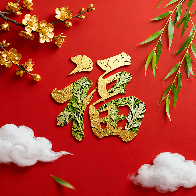 春节春天健康主题，大红色背景，点缀金色迎春花、嫩绿柳枝、白色祥云，正中间是带有艾草纹理设计的金色福字，字体苍劲有力，整体氛围喜庆清新