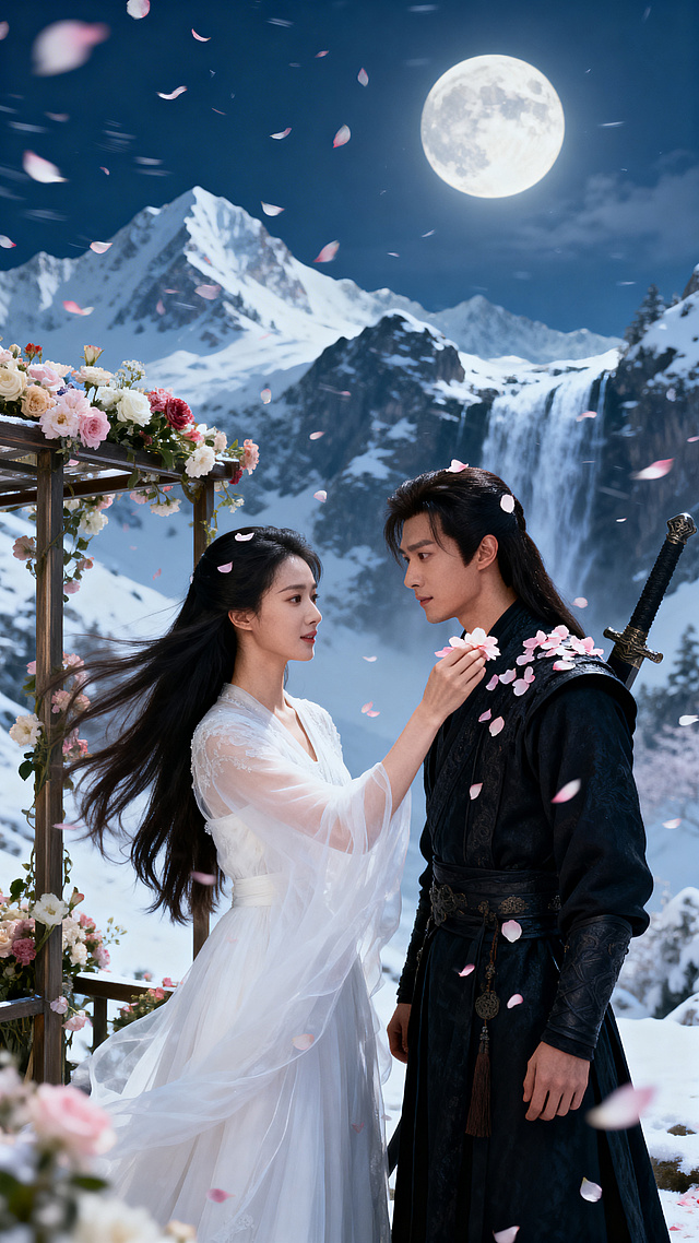 花瓣随风飘落在穿玄色剑袍的男子肩头，身着白纱的东亚女子伸手将花瓣轻轻递过花架，她层次分明的长发随风飘动，白皙的皮肤被月光柔和笼罩，背景是层叠的雪峰与飞瀑，景色壮丽，写实电影唯美风格，色彩艳丽，无违规内容。