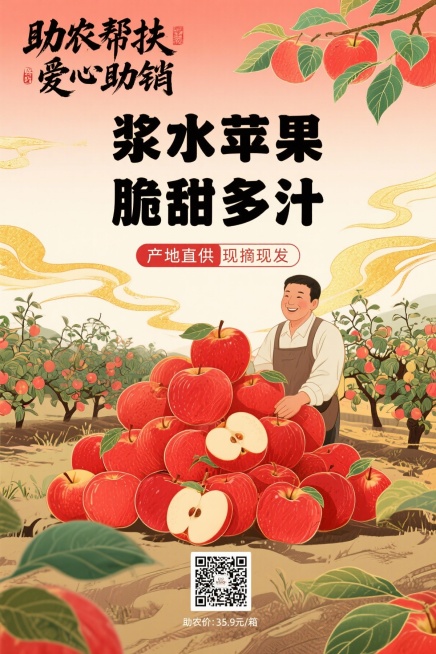 浆水苹果助农海报，竖版，整体风格乡土质朴，背景用河北浆水果园实景图，画面主体是红彤彤的浆水苹果堆，旁边加一位果农微笑的半身像，左上角用毛笔字写“助农帮扶 爱心助销”，中间大字体突出“浆水苹果 脆甜多汁预览效果