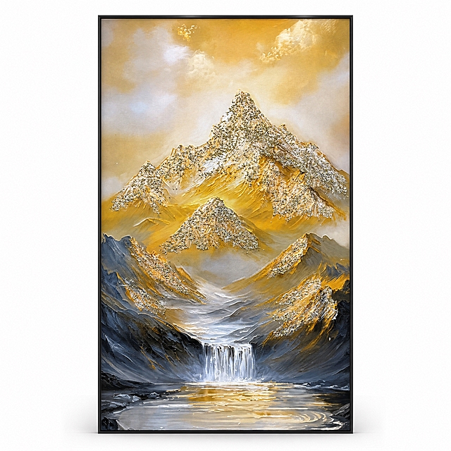 产品精修，装饰画置于纯白背景上，专业商业棚拍光，5500K标准中性白光，轮廓光，体积光，曝光正确，强烈真实立体感，标准透视校正，正常透视焦段，保持正视图机位，接地处保留干净浅淡的自然接触阴影，严禁大片投影、脏灰阴影和悬浮感，主体居中，装饰画完整入画不裁切，商品外轮廓视觉体量约画面60%-80%，四边均匀留白约10%-20%，严禁满幅铺满与贴边顶满，极致超清画质，细节清晰锐利，商业级实拍质感，保留原图真实材质与结构细节，明显提升装饰画表面洁净度，清理灰尘、污渍，让表面干净明亮，修复边缘毛糙、锯齿和抠图感，边缘自然清晰过渡，基于原图材质恢复油画厚涂笔触、肌理起伏、金箔颗粒等纹理细节，避免糊成塑料感，严格锁定原图装饰画颜色，颜色以输入图为唯一参考，画面颜色分区、笔触走向、金箔位置边界按原图锁定，还原真实物理色彩，消除灰暗感和偏色，锁定原图装饰画轮廓、长宽比例、画框位置、画面内容和所有可见细节，只做精修不重绘结构，不改变画面材质和比例，去除非售卖主体的墙面杂物，严禁误删装饰画结构，画框：光面金属质感按原图锁定，高光边线清晰，反射干净但不过度镜面化；画面：油画厚涂肌理质感自然，笔触方向和金箔颗粒层次真实，比例1:1