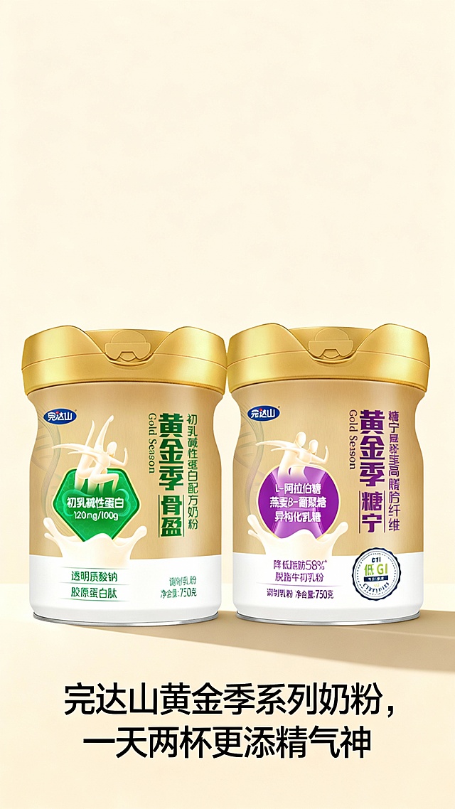 完达山黄金季系列奶粉，一天两杯更添精气神。