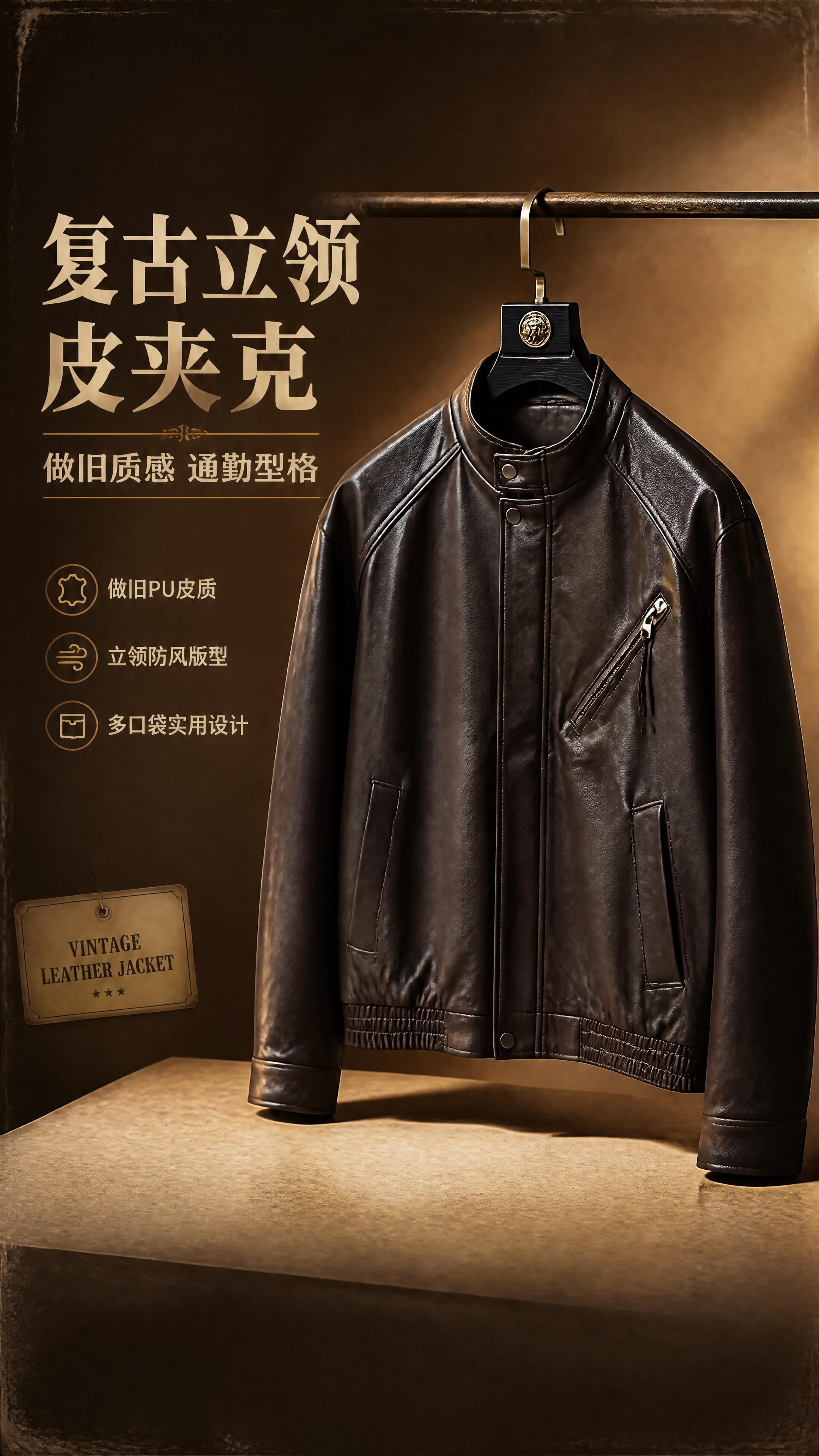 [商品] 使用【图1】深棕色立领PU皮夹克；商品处理：保留立领… - 图片创意预览