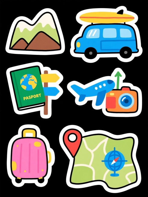手绘插画风格的旅行主题贴纸集合，包含九个独立元素：粉色带黄色点缀的行李箱、蓝色车顶有冲浪板的旅行车、绿色封皮印有地球图案的护照、带山脉背景的方向指示牌、蓝黄相间的飞机、棕色外圈绿色指针的指南针、橙色机身蓝色镜头的相机、蓝色经纬线地球仪、红色定位标记覆盖的绿色地图。每个贴纸均采用轮廓清晰的黑色描边，内部填充明亮饱和的色块，具有轻微的阴影效果以增强立体感，整体风格童趣可爱，线条圆润流畅，色彩搭配明……预览效果