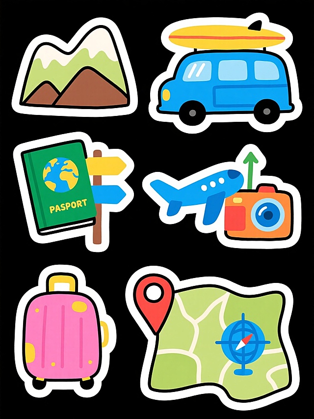 手绘插画风格的旅行主题贴纸集合，包含九个独立元素：粉色带黄色点缀的行李箱、蓝色车顶有冲浪板的旅行车、绿色封皮印有地球图案的护照、带山脉背景的方向指示牌、蓝黄相间的飞机、棕色外圈绿色指针的指南针、橙色机身蓝色镜头的相机、蓝色经纬线地球仪、红色定位标记覆盖的绿色地图。每个贴纸均采用轮廓清晰的黑色描边，内部填充明亮饱和的色块，具有轻微的阴影效果以增强立体感，整体风格童趣可爱，线条圆润流畅，色彩搭配明快活泼，所有元素在白色背景上均匀排列，呈现出轻松愉快的旅行氛围。