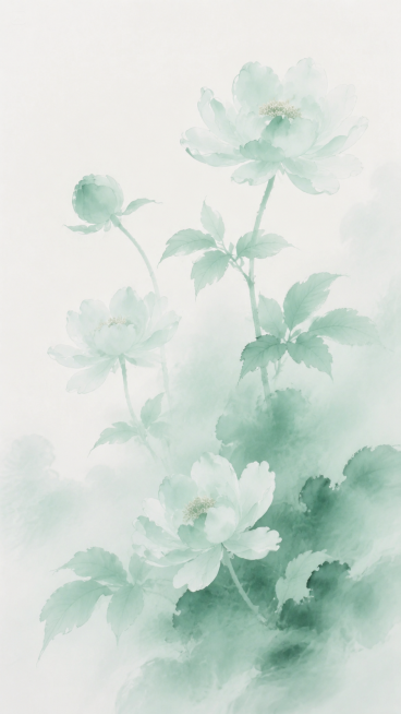 新中式水墨花卉，浅青绿色调，写意国画风格，淡雅空灵，花卉花枝，和参考图风格一致，不同的花卉布局构图预览效果