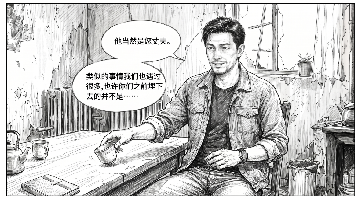 基于第一张图的便衣警官陈峰，绘制他坐在破旧出租屋桌子旁开口说话带微笑的分镜，分两个对话气泡，第一个写："他当然是您丈夫。"，第二个写："类似的事情我们也遇到过很多，也许你们之前埋下去的并不是……"，整预览效果