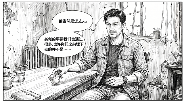 基于第一张图的便衣警官陈峰，绘制他坐在破旧出租屋桌子旁开口说话带微笑的分镜，分两个对话气泡，第一个写："他当然是您丈夫。"，第二个写："类似的事情我们也遇到过很多，也许你们之前埋下去的并不是……"，整体风格完全匹配第二张图的精细铅笔素描漫画分镜风格，保留人物穿牛仔夹克牛仔裤的造型，保持横版构图和破旧房屋场景
