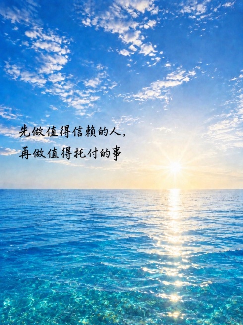在这张海景日出图片左侧合适位置添加黑色书法字体文字"先做值得信赖的人，再做值得托付的事"，保持其他内容和风景不变预览效果