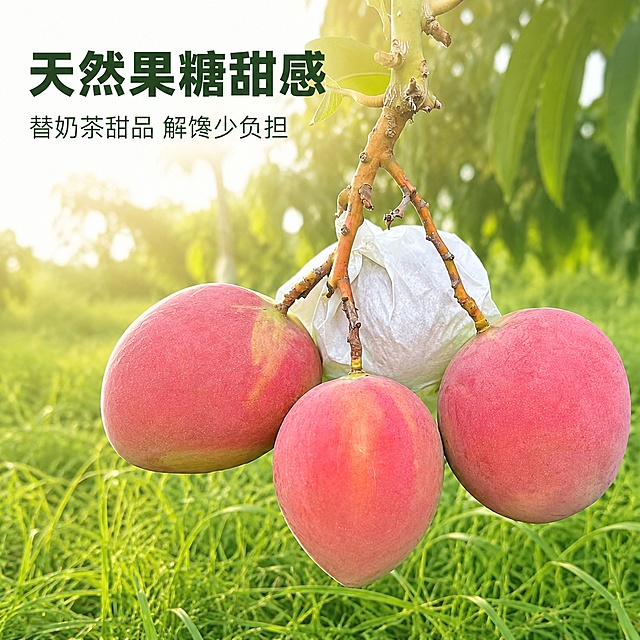 [单张主图] 澳芒红芒 高级氛围感主图，目标是突出水果天然健康的卖点，吸引点击购买。
[画面主体] 保持输入图中三个挂在枝头红芒果的外观物理结构、材质质感、颜色和真实生长状态绝对一致，杜绝任何变形和色差，精细化处理果实表皮纹理；芒果主体占画面比例约60%，位于画面中下部，完整展示不裁切。
[构图版式] 使用原生成分型版式，产品融入果园原生环境，突出天然纯净的产地氛围，标题放在左上角自然留白区域。
[场景元素] 背景为虚化的青草地和芒果树叶，保留自然绿色调，整体干净通透，突出果实新鲜质感，不添加额外道具，不遮挡主体芒果。
[文案版式] 左上角左对齐，大字主文案：天然果糖甜感，下方小字副标题：替奶茶甜品 解馋少负担，文字清晰可读，主标题字号最大，副标题缩小一半以上，不遮挡主体果实；字色使用深绿色，和浅绿背景形成强对比。
[光影质感] 自然暖阳逆光，从芒果后方照射，形成柔和轮廓光，突出果实红润色泽和通透感，光线均匀柔和，背景虚化浅景深，重点突出主体芒果，商业摄影质感，清晰真实。
[配色字体] 主色调为自然果绿色和芒果胭脂粉色，辅助色为深绿色文字；主标题使用粗无衬线字体，副标题使用细无衬线字体，文字清晰不扭曲。
[比例分辨率] 1:1比例，2K分辨率，文字清晰可辨，超高清商业摄影质感。
[负向提示词] 变形，文字错乱，产品图模糊，背景杂乱，水印，电商平台Logo，错字，糊字，主体遮挡，低清晰度，错误结构。