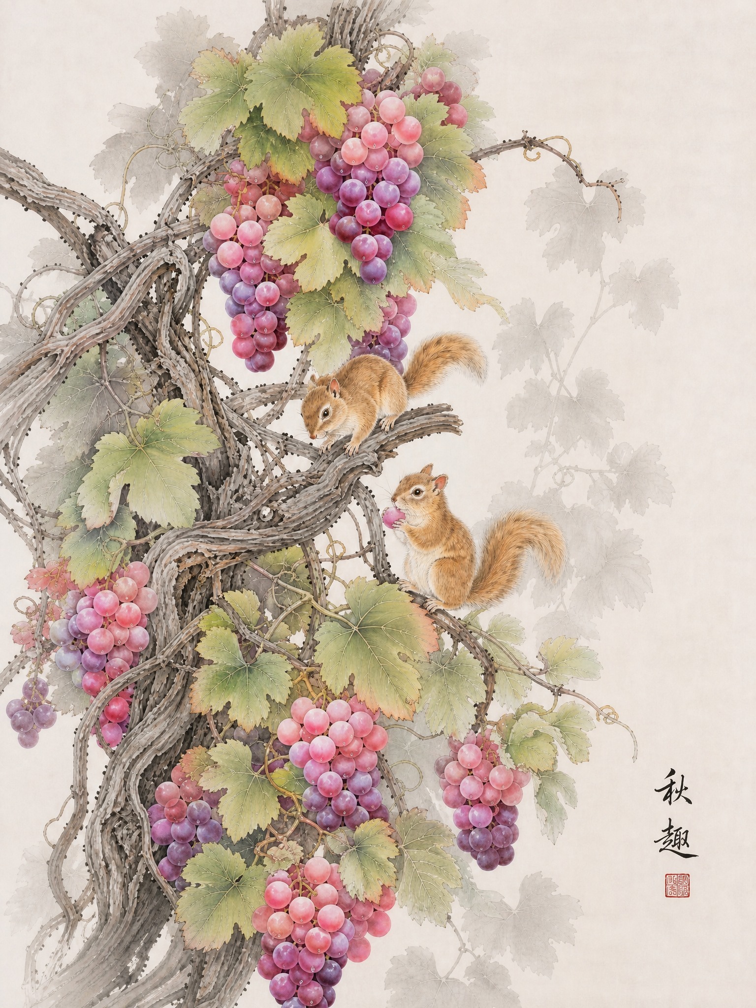 保持原图的工笔国画风格、葡萄藤、松鼠、「秋趣」书法题字和红色印… - 图片创意预览