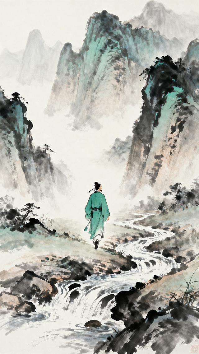 中国唐代诗圣杜甫，行走在壮丽山河之间，古风中国水墨画风格，意境雄浑悠远，展现诗人游历山河的足迹