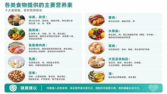 16:9横版PPT内页插图，扁平插画风，简洁清爽专业克制风格，白色背景(#FFFFFF)，青绿色系主色(#00BFA5)，辅助色浅青绿(#E0F7F4、#B2DFDB)，海王星辰品牌风格。

整体布局为上下结构：
【顶部标题区】主标题"各类食物提供的主要营养素"（青绿色粗体大字），副标题"十大食物组，各有营养所长"（灰色小字），左对齐排版。

【中部卡片矩阵】2列×5行的紧凑布局，共十张营养素卡片，每张卡片为浅青绿(#E0F7F4)圆角矩形背景，左侧为圆形食物实拍图，右侧为食物组名称（青绿色粗体）+核心营养素说明（深灰色小字）。

十张卡片内容依次为：
1. 谷类、杂豆：圆形谷物杂豆实拍图，核心营养素：碳水化合物、蛋白质、膳食纤维、维生素B₁等维生素、铁、锌、镁等
2. 薯类：圆形薯类实拍图，核心营养素：碳水化合物、膳食纤维、钾
3. 蔬菜类：圆形蔬菜实拍图，核心营养素：β-胡萝卜素、叶酸、钙、钾、维生素C、膳食纤维；植物化学物如多酚类、类胡萝卜素、有机硫化物等
4. 水果类：圆形水果实拍图，核心营养素：维生素C、钾、镁以及膳食纤维（果胶、半纤维）；植物化学物的良好来源
5. 鱼畜禽肉类：圆形鱼畜禽肉实拍图，核心营养素：优质蛋白质、脂类和脂溶性维生素、维生素B₆、维生素B₁₂和硒等；鱼油含DHA和EPA
6. 蛋类：圆形蛋类实拍图，核心营养素：优质蛋白质、脂类、磷脂、维生素和矿物质
7. 乳类：圆形乳类实拍图，核心营养素：优质蛋白质、钙、B族维生素等；酸奶、奶酪还提供益生菌
8. 大豆及其制品：圆形大豆制品实拍图，核心营养素：蛋白质、脂肪、维生素E；含磷脂、大豆异黄酮、植物甾醇等
9. 坚果：圆形坚果实拍图，核心营养素：脂肪、必需脂肪酸、蛋白质、维生素E、B族维生素、矿物质等；栗子富含淀粉
10. 油：圆形食用油实拍图，核心营养素：脂肪和必需脂肪酸、维生素E

【底部健康建议横幅】青绿渐变背景横幅，白色文字，左侧盾牌图标，标题"健康建议"，内容："均衡摄入各类食物，保证营养素全面充足，搭配多样蔬菜水果，维持健康生活方式。"

整体风格与参考图（禽肉营养科普PPT）保持一致，扁平插画+实拍圆形图结合，信息密度适中，便于快速浏览，专业医疗健康科普风格，无花哨装饰。