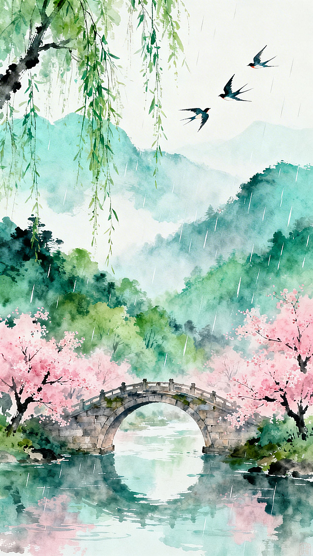 古风国风水墨画，清明春季山水背景，石拱桥横跨河流，粉色花树，翠绿山林，朦胧远山，柳树，燕子，春雨，去掉桥上的牛和人物，增强近大远小的空间层次感，整体清新淡雅风格