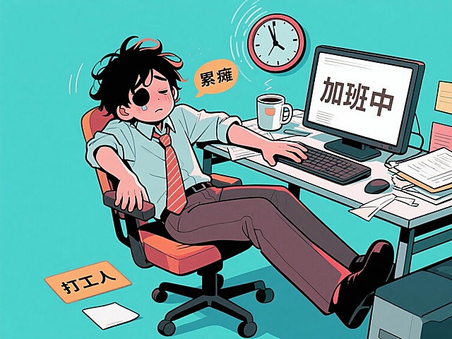 顶着黑眼圈、瘫在工位上的加班人，拖着疲惫的身体，活脱脱就是打工人的标准模样。