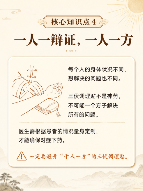 [第5屏] 核心知识点4-一人一方辩证调理。标题："一人一辩证，一人一方"，内容："每个人的身体状况不同，想解决的问题也不同。三伏调理贴不是神药，不可能一个方子解决所有的问题。医生需根据患者的情况量身预览效果