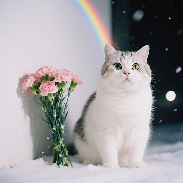 一只白色的胖猫，英国短毛猫，大眼睛，康乃馨，雪天，夜晚，彩虹，对称构图